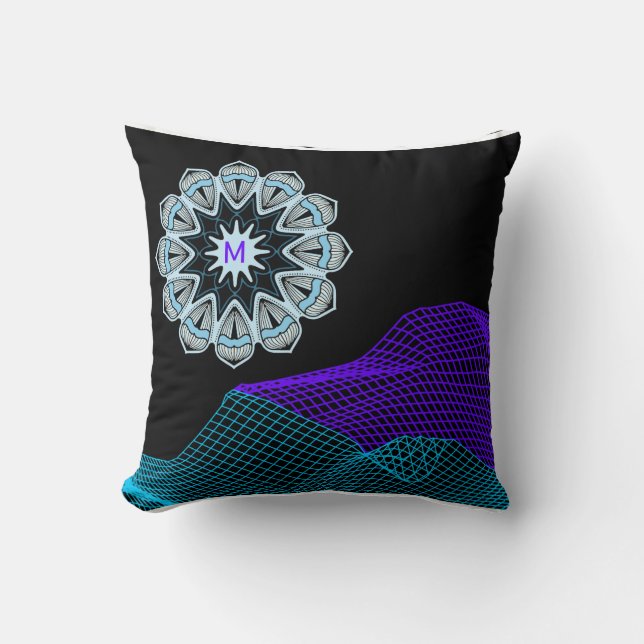 Quantum Abstract Mandala  Purple Blue Black Mngrm Throw Pillow (Front)