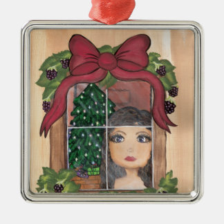 Quantum Cutie Christmas Window Girl Metal Ornament