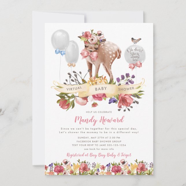 Quarantine Oh Deer Girl Virtual Baby Shower Invitation (Front)