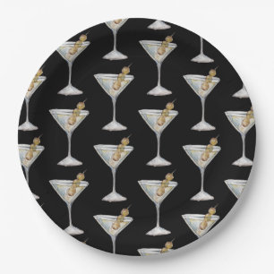 Quarantini Martini Cocktail Pattern Black Paper Plate