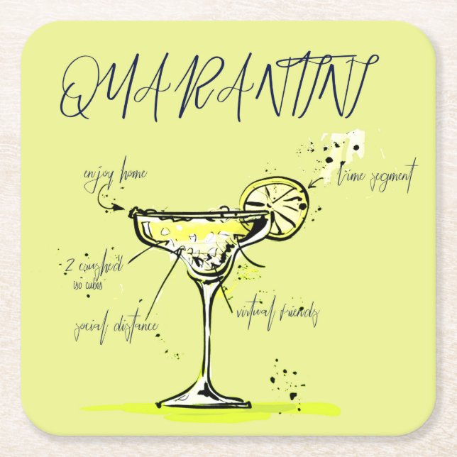 Quarantini Social Isolation  Cocktail Recipe Square Paper Coaster (Front)