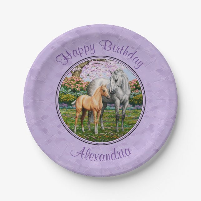 Quarter Horse Mare and Foal Purple Paper Plate (Front)