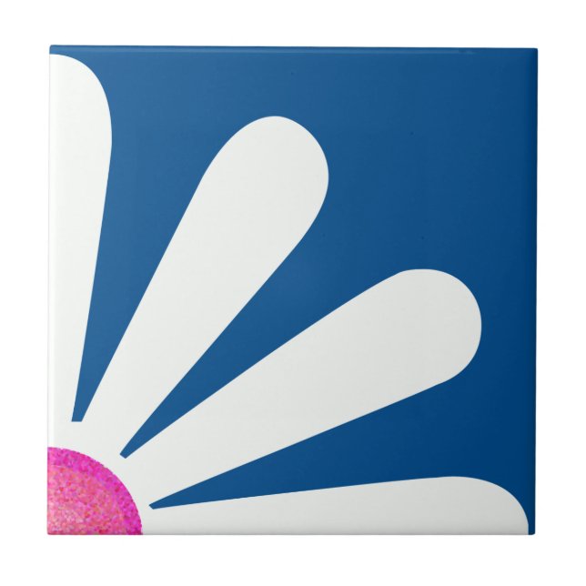 Quarter of white daisy, pink centre on lapis blue tile (Front)