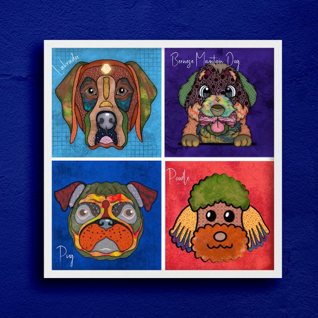 Quatre visages de chien moche unique affiche d'art (Créateur téléchargé)