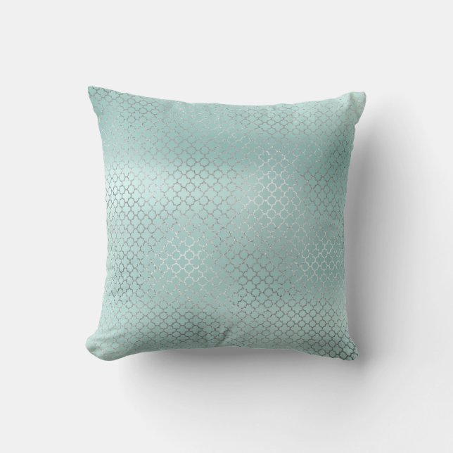 Quatrefoil Art Deco Silver Tiffany Aqua Ocean Glam Throw Pillow (Front)