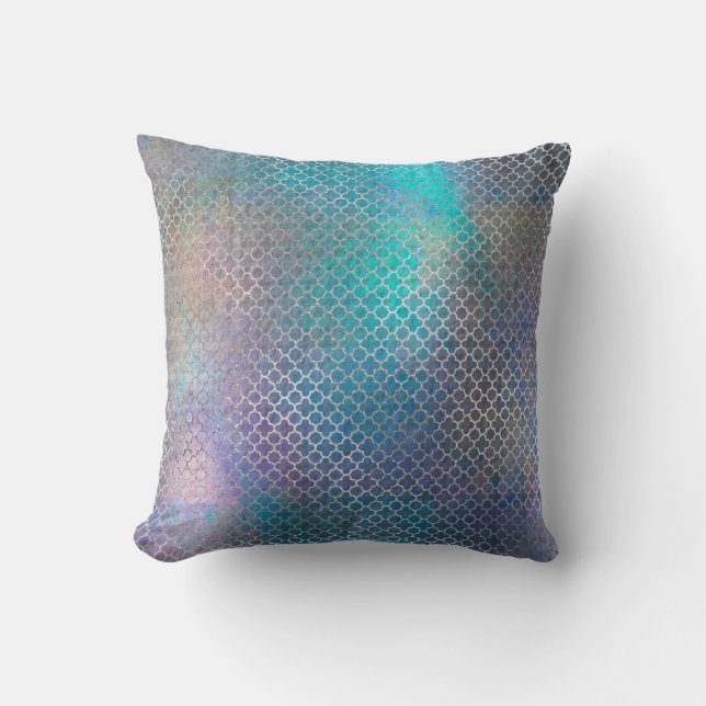 Quatrefoil Art Deco Silver Turquoise Teal Metallic Throw Pillow (Front)