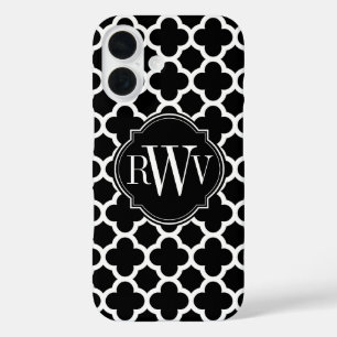 Quatrefoil Black and White Pattern Monogram iPhone 16 Case