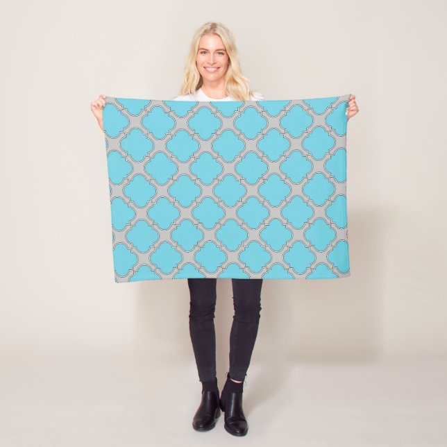 Quatrefoil blue and grey fleece blanket (In Situ)