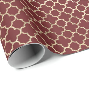 Quatrefoil Burgundy Red Bright Art Deco Faux Gold Wrapping Paper