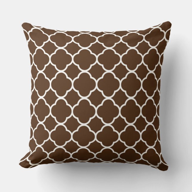 Quatrefoil Chocolate Brown White Lattice Cotton Throw Pillow (Front)