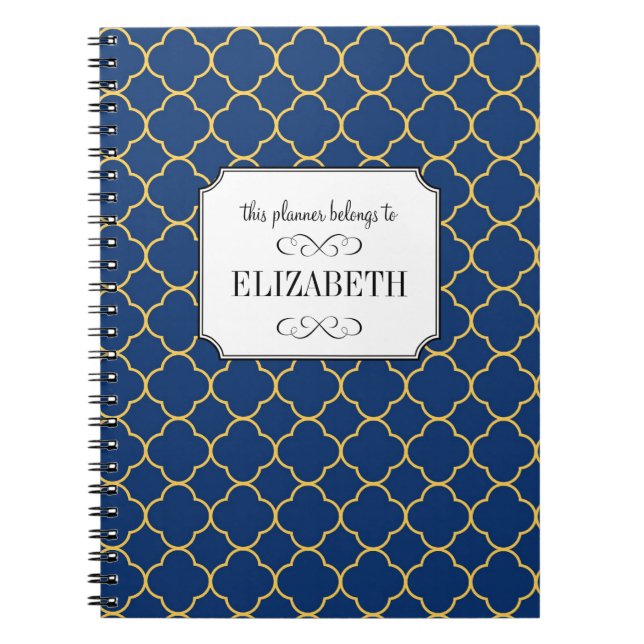 Quatrefoil clover pattern navy wedding planner notebook (Front)