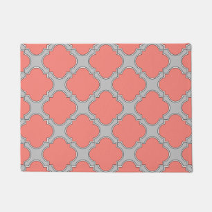 Quatrefoil coral and grey doormat