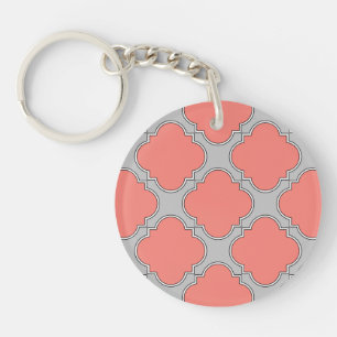 Quatrefoil coral and grey keychain