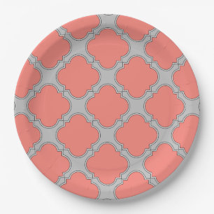 Quatrefoil coral and grey paper plate