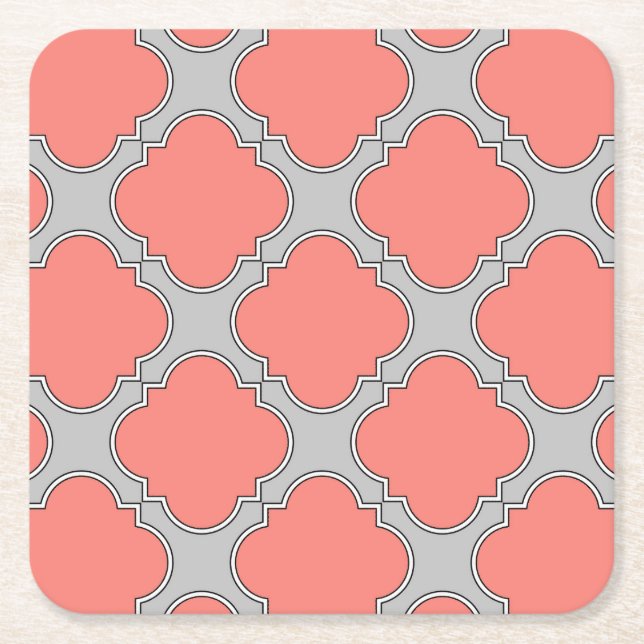 Quatrefoil coral and grey square paper coaster (Front)