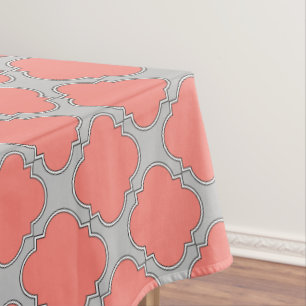 Quatrefoil coral and grey tablecloth