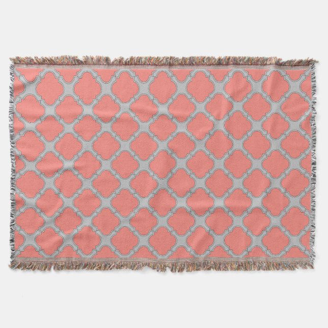 Quatrefoil coral and grey throw blanket (Front)