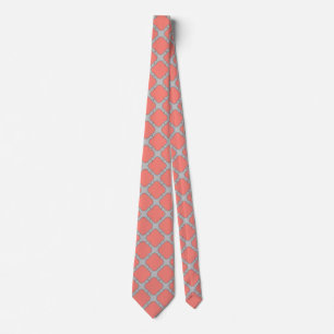 Quatrefoil coral and grey tie