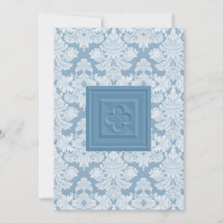Quatrefoil Cross & Blue Damask Wedding Invitation