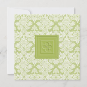 Quatrefoil Cross & Green Damask Wedding Invitation