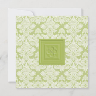 Quatrefoil Cross & Green Damask Wedding Invitation