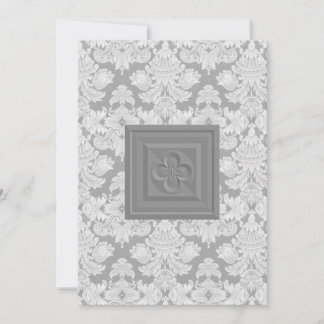 Quatrefoil Cross & Grey Damask Wedding Invitation