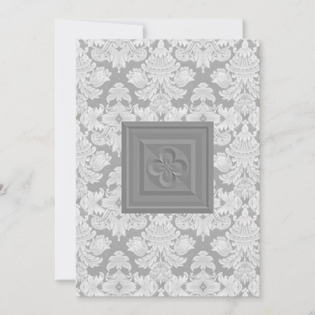 Quatrefoil Cross & Grey Damask Wedding Invitation (Front)