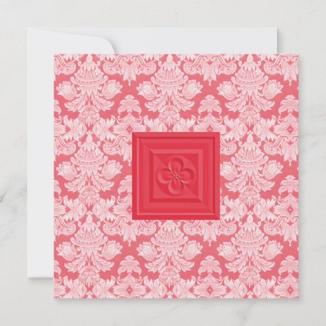 Quatrefoil Cross & Red Damask Wedding Invitation (Front)