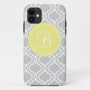 Quatrefoil Custom Monogram in Grey and Yellow iPhone 11 Case