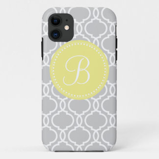 Quatrefoil Custom Monogram in Grey and Yellow iPhone 11 Case