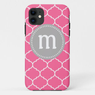Quatrefoil Custom Monogram in Pink and Grey iPhone 11 Case