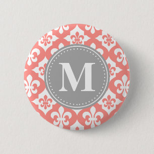 Quatrefoil Fleur-De-Lis Coral Pink Grey Monogram 2 Inch Round Button