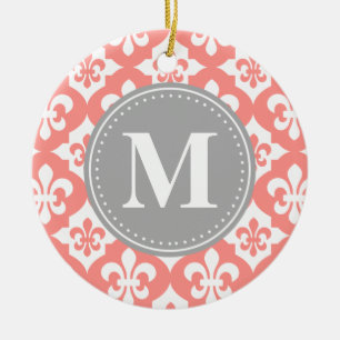 Quatrefoil Fleur-De-Lis Coral Pink Grey Monogram Ceramic Ornament