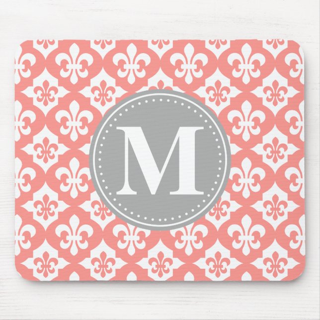 Quatrefoil Fleur-De-Lis Coral Pink Grey Monogram Mouse Pad (Front)