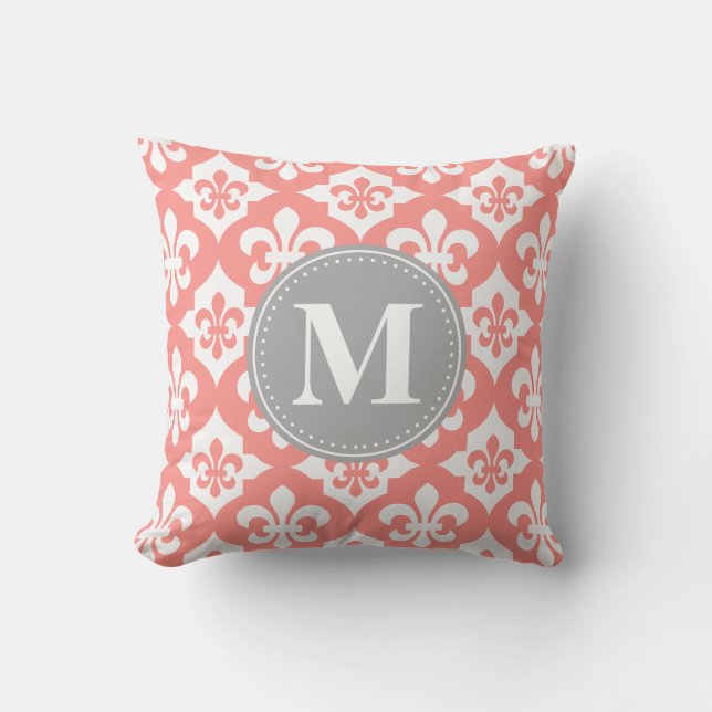 Quatrefoil Fleur-De-Lis Coral Pink Grey Monogram Throw Pillow (Front)