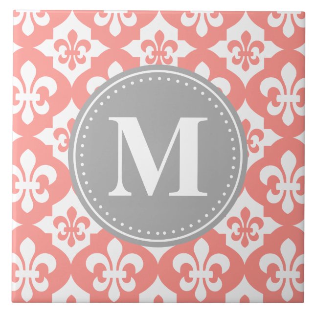 Quatrefoil Fleur-De-Lis Coral Pink Grey Monogram Tile (Front)