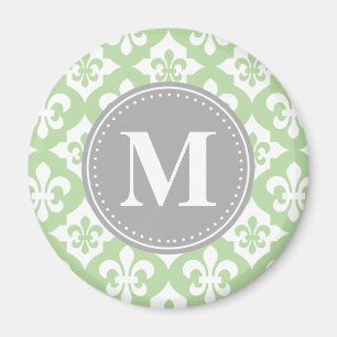 Quatrefoil Fleur-De-Lis Mint Green Grey Monogram Magnet
