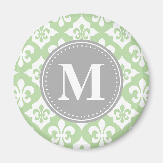 Quatrefoil Fleur-De-Lis Mint Green Grey Monogram Magnet (Front)
