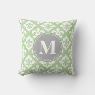 Quatrefoil Fleur-De-Lis Mint Green Grey Monogram Throw Pillow