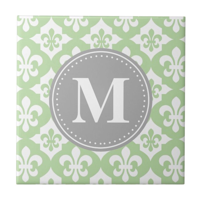 Quatrefoil Fleur-De-Lis Mint Green Grey Monogram Tile (Front)
