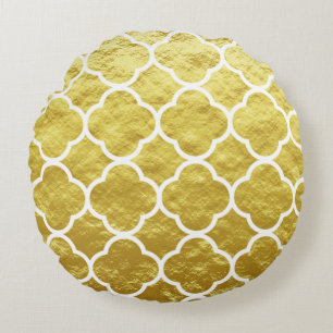 Quatrefoil Gold Foil Patterns Golden White Elegant Round Pillow