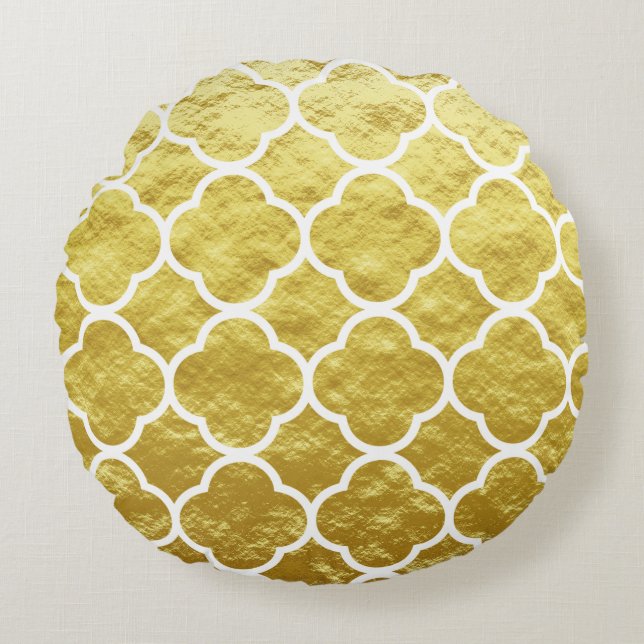 Quatrefoil Gold Foil Patterns Golden White Elegant Round Pillow (Front)