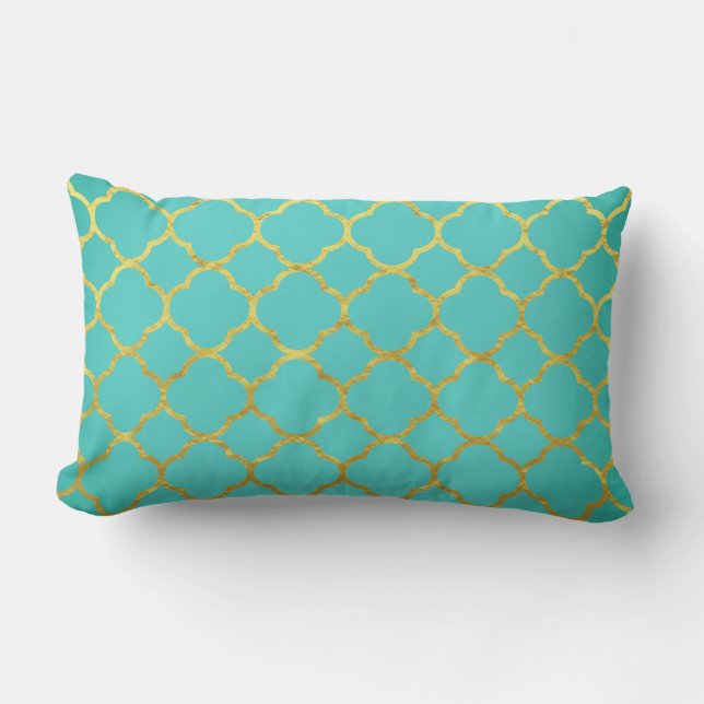 Quatrefoil Gold Patterns Teal Blue Seafoam Green Lumbar Pillow (Front)