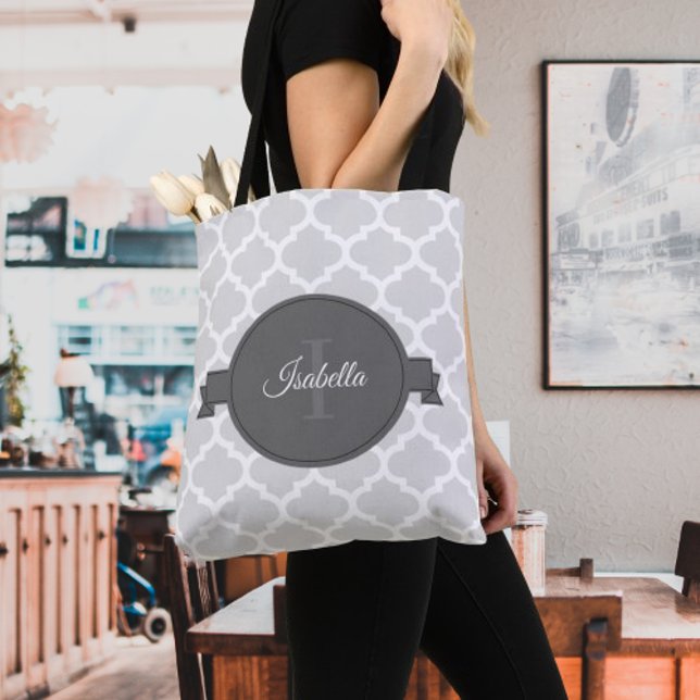 Quatrefoil gris Sac fourre-tout personnalisé (Gray Quatrefoil Personalized Tote Bag)