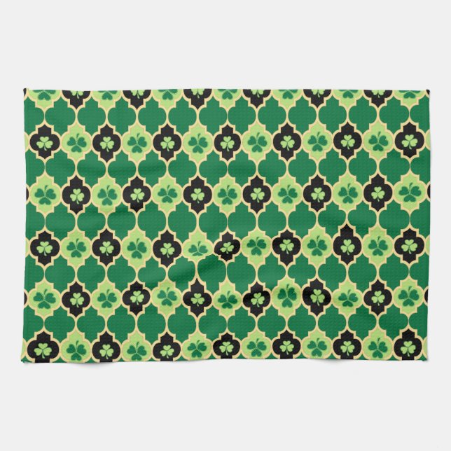 Quatrefoil Irish Shamrocks Kitchen Towel (Horizontal)
