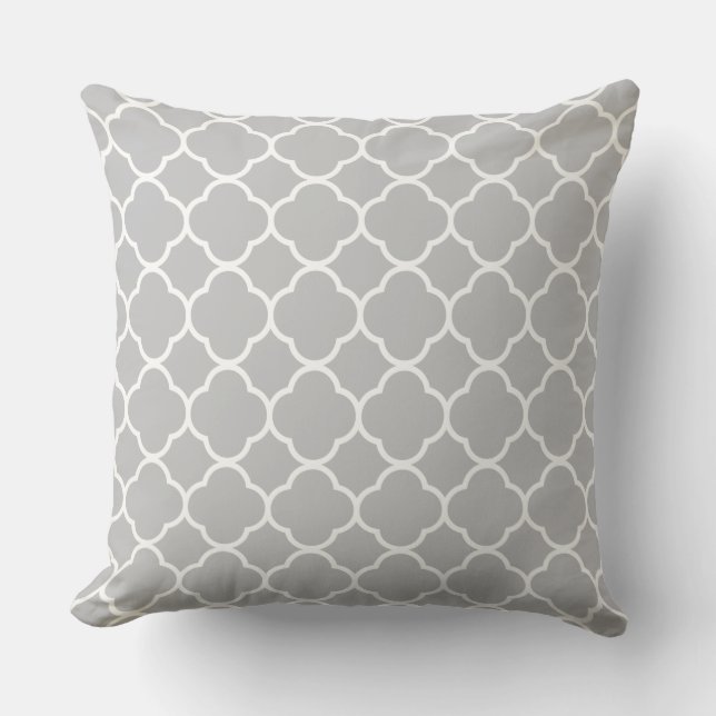 Quatrefoil Light Grey White Lattice Pattern Cotton Throw Pillow (Front)