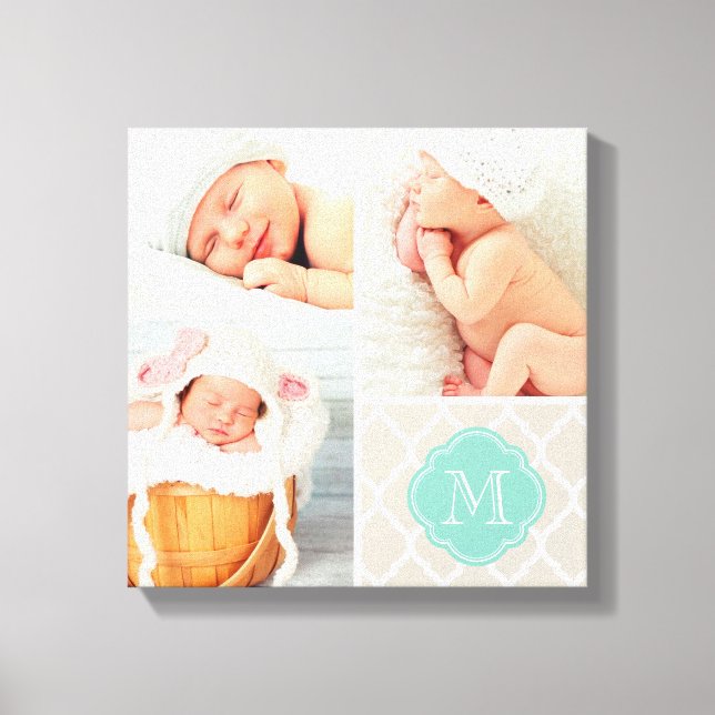 Quatrefoil Monogram Baby Photo Collage Nursery Art Canvas Print (Front)