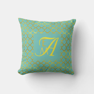 Quatrefoil MONOGRAM Turquoise Gold Wedding Gift Throw Pillow