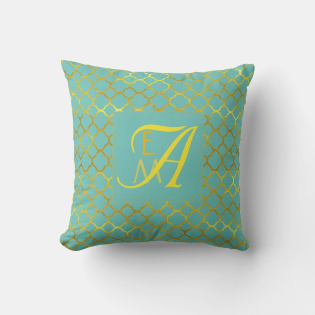 Quatrefoil MONOGRAM Turquoise Gold Wedding Gift Throw Pillow (Front)