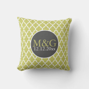 Quatrefoil Monogrammed Wedding Green and White Throw Pillow